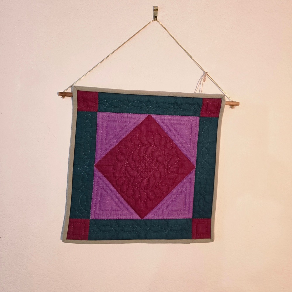 Hand Quilted Wall Hanging 12x12 Geometric Floral Medallion Green Magenta Purple‎